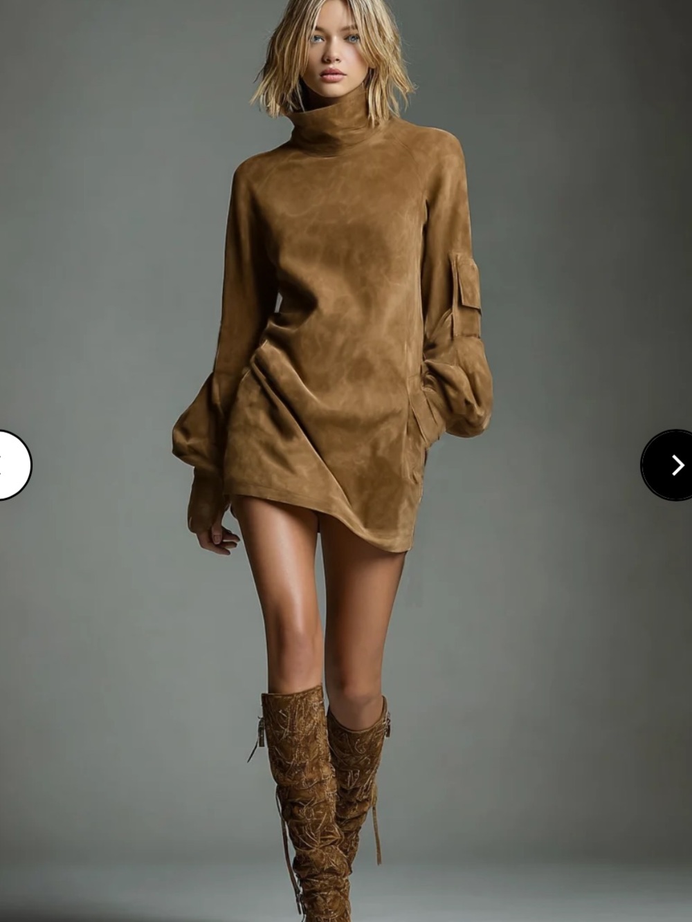 Modesees loose  Utilitarian Suede Faux Long Sleeve High Neck Mini Dress Tunic